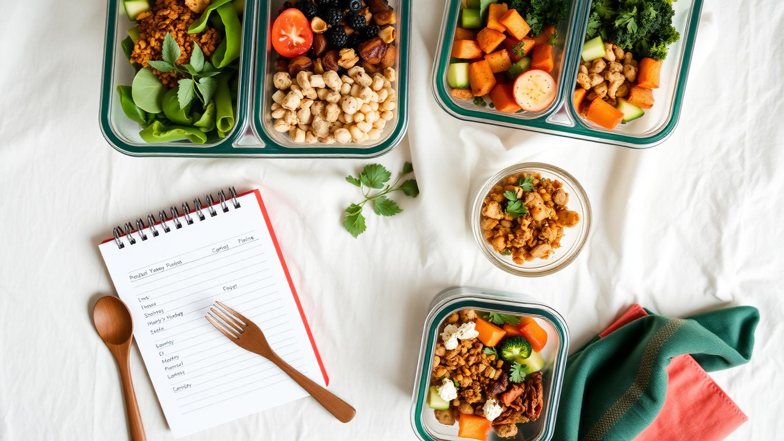 Flat lay of healthy ingredients, fresh herbs and ceramic bowls
